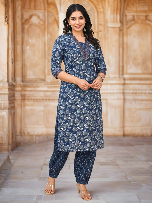 Nesara Dark Blue Printed Kurta & Pants Set