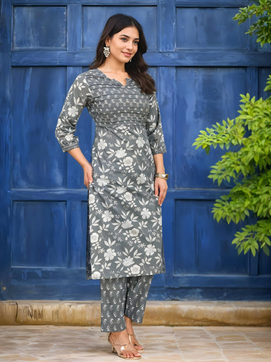 Nesara Grey Printed Kurta & Pants Set