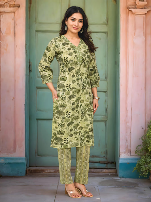 Nesara Green Printed Kurta & Pants Set