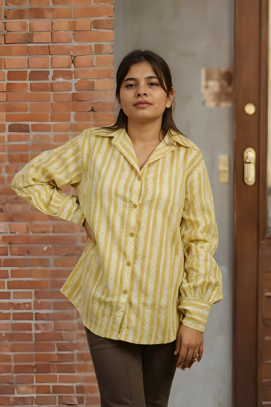 Nesara Light Brown Stripes Print Oversize Shirt IBS037