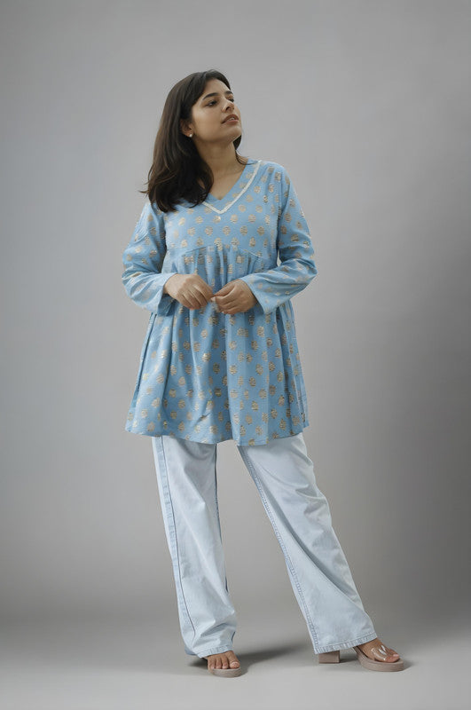 Blue Block Print Short Kurti