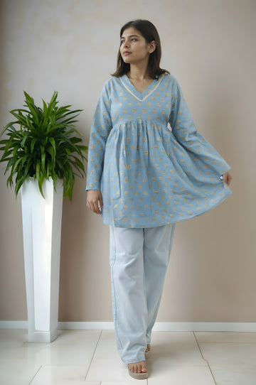 Nesara Blue Block Print Flared Kurti IBSK004