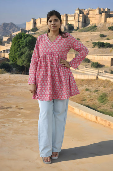 Dark Pink Block Print Short Kurti