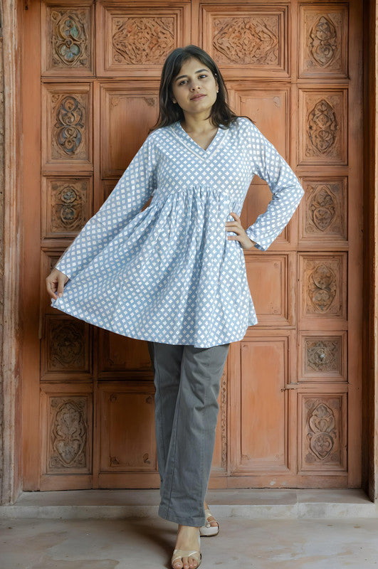 Light Blue Printed Short Kurti