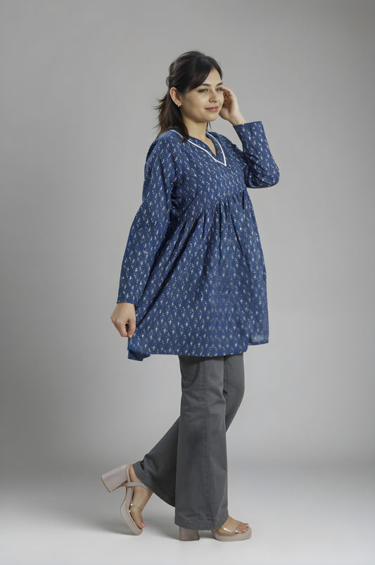 Nesara Blue Printed Flared Kurti IBSK016