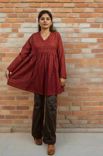 Nesara Maroon Print Flared Kurti IBSK025