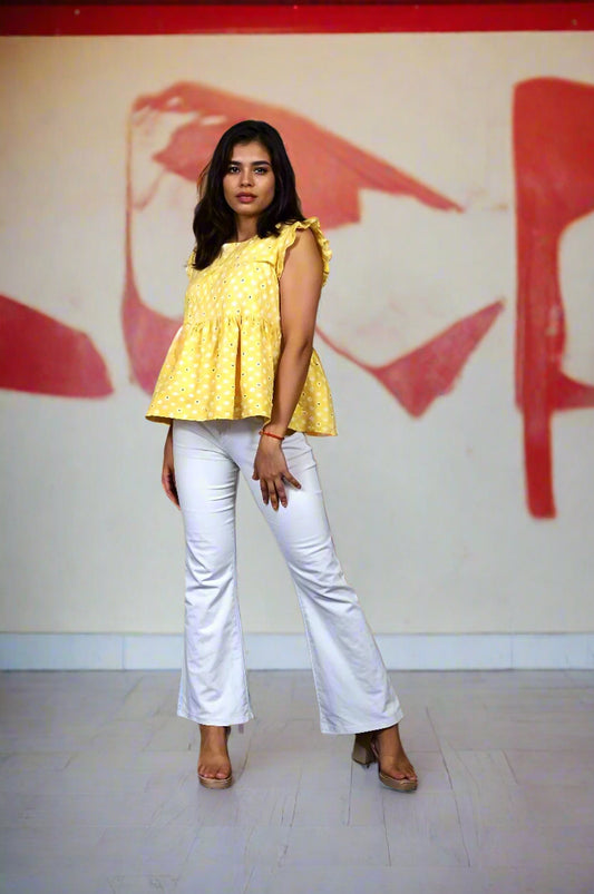 Nesara Yellow Print Ruffled Short Top IBST095