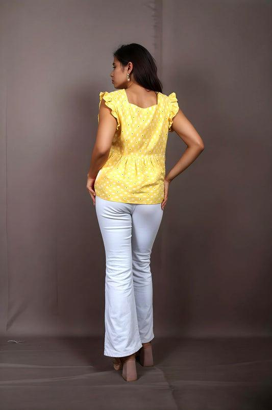 Nesara Yellow Print Ruffled Short Top IBST095