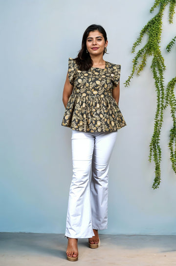 Nesara Black Print Ruffled Short Top IBST096