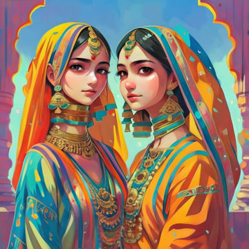 Image of twins Itturi Bitturi from Folktale Story of Rajasthan India, wearing Handcrafted Jewelry Earring Necklace Bracelet from Brand Ituri Bituri