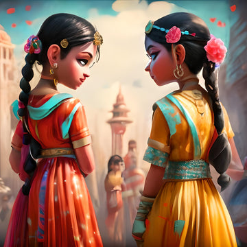 Image of twins Itturi Bitturi from Folktale Story of Rajasthan India, wearing Handcrafted Jewelry Earring Necklace Bracelet from Brand Ituri Bituri