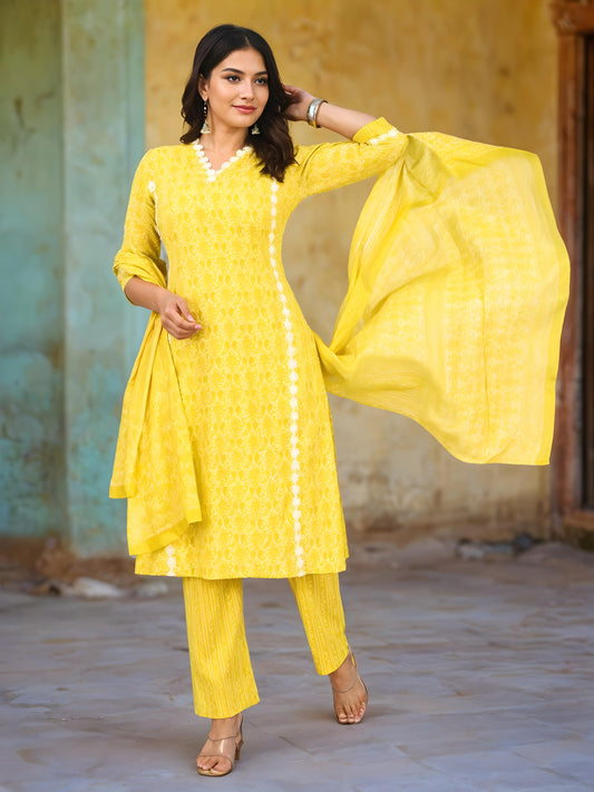 Nesara Yellow Printed Salwar Kurta Dupatta Set