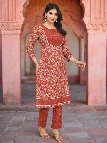 Nesara Maroon Printed Kurta & Pants Set