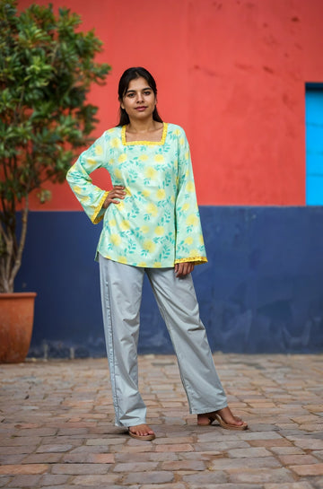 Nesara Blue and Yellow Print Short Kurti IBSK074