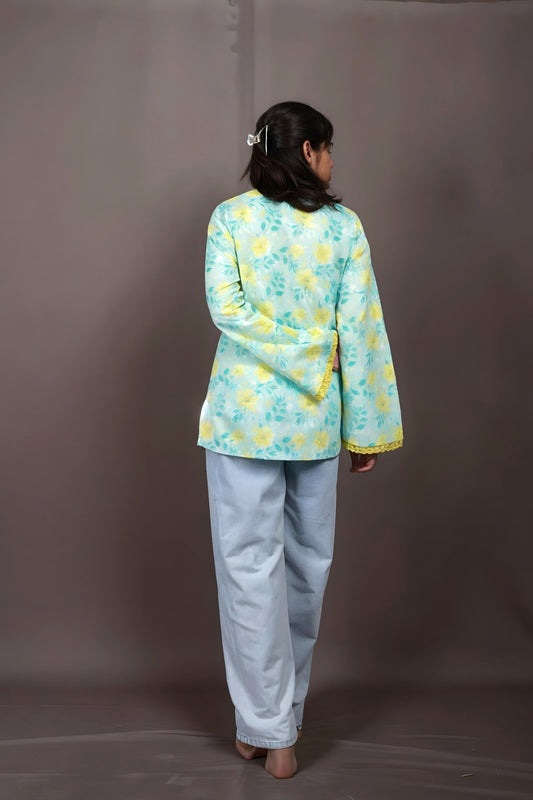 Nesara Blue and Yellow Print Short Kurti IBSK074