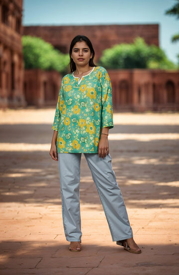 Nesara Turquoise Print Short Kurti IBSK077