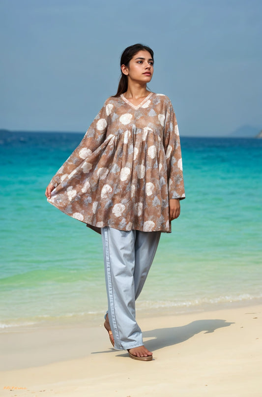 Nesara Beige Print Flared Kurti IBSK080