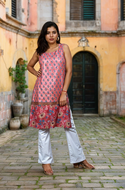 Nesara Pink Print Sleeveless Long Kurti with Lining IBSKL084