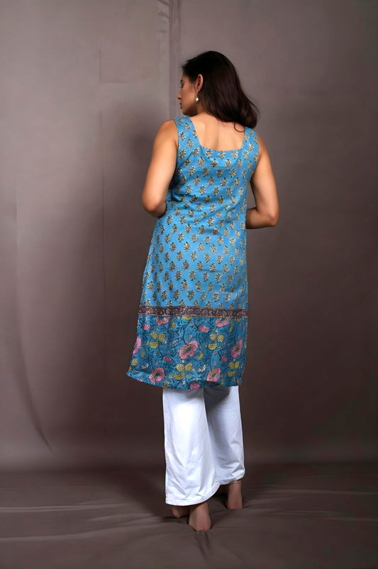 Nesara Blue Print Sleeveless Long Kurti with Lining IBSL087