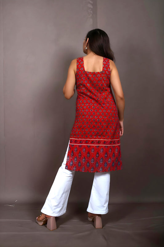 Nesara Red Print Sleeveless Long Kurti with Lining IBSL088