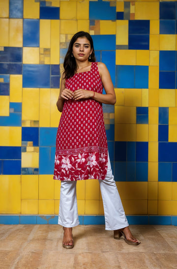 Nesara Purple Print Sleeveless Long Kurti with Lining IBSL089