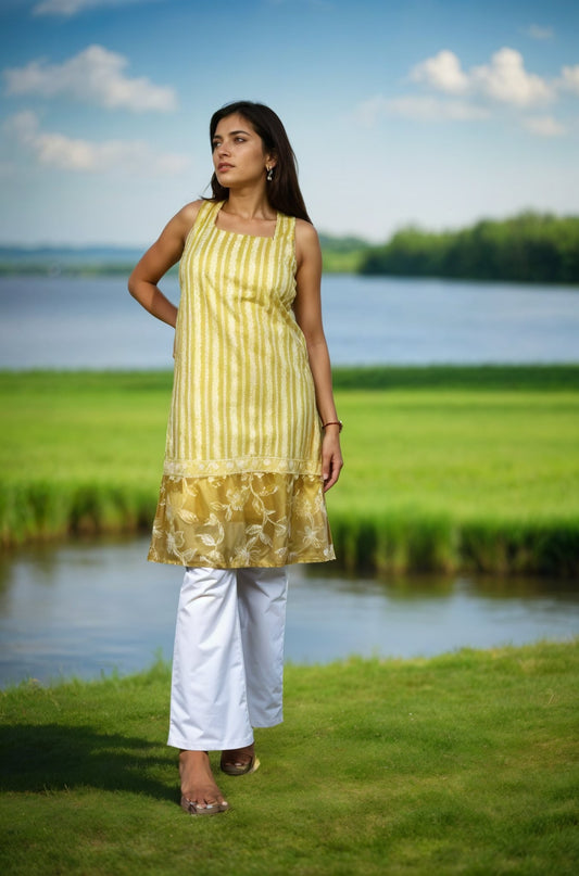 Nesara Green Print Sleeveless Long Kurti with Lining IBSL091