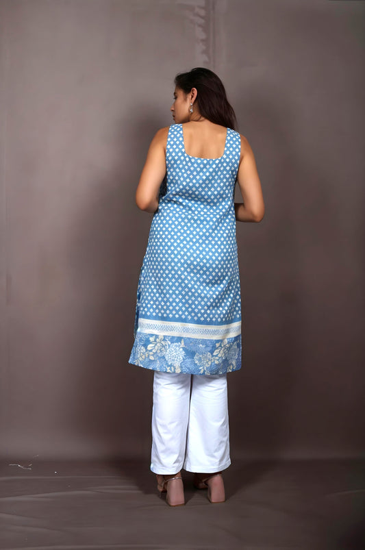 Nesara Blue Print Sleeveless Long Kurti with Lining IBSL092