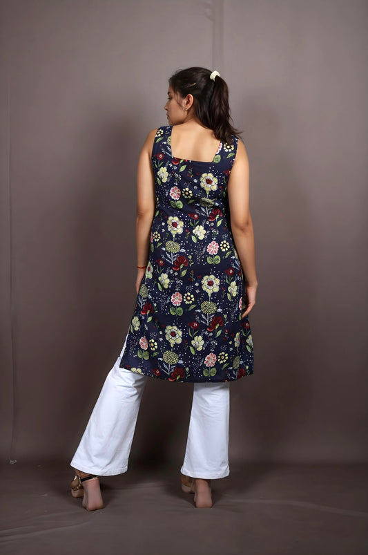 Nesara Navy Print Sleeveless Long Kurti with Lining IBSL094