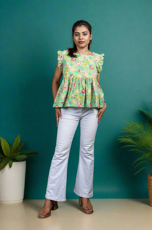 Nesara Green Print Ruffled Short Top IBST097