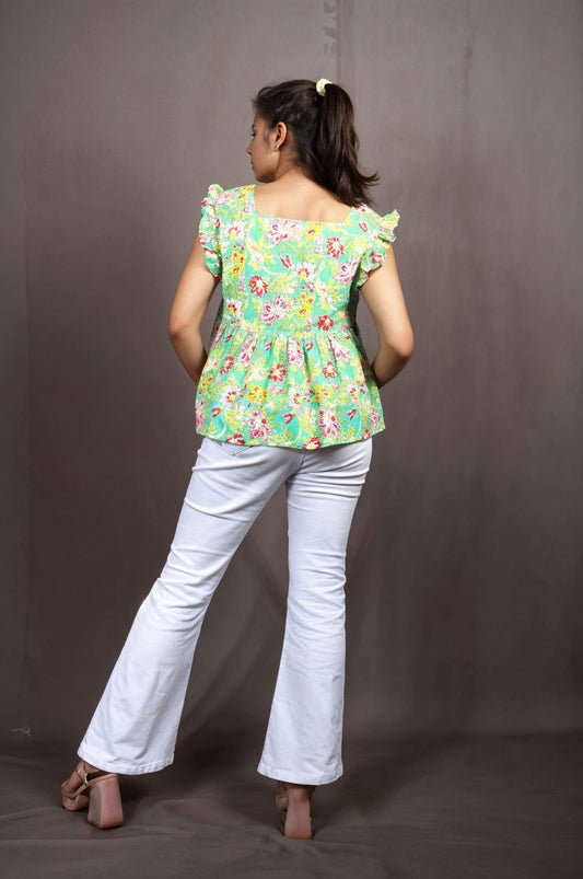 Nesara Green Print Ruffled Short Top IBST097