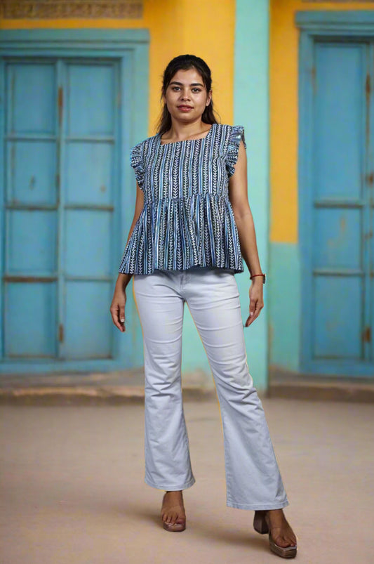 Nesara Blue Print Ruffled Short Top IBST098