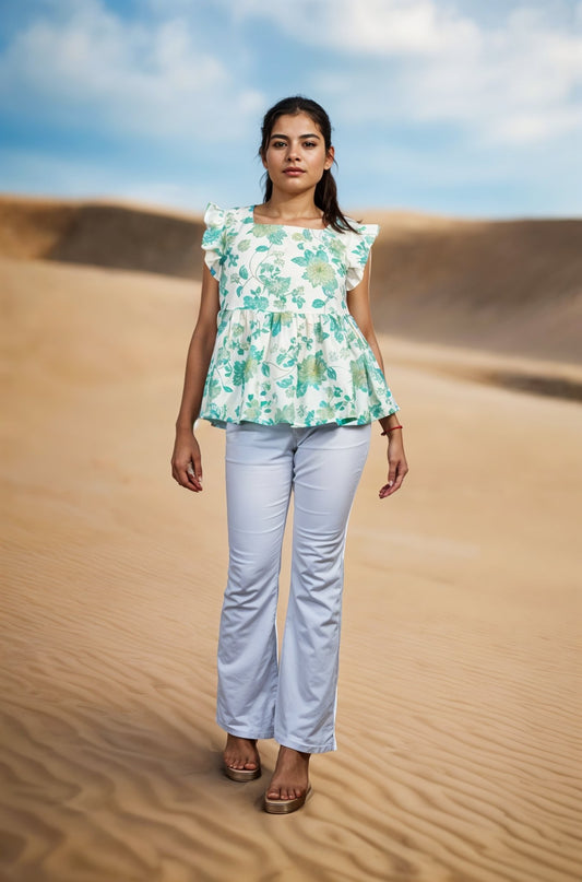 Nesara White Print Ruffled Short Top IBST099