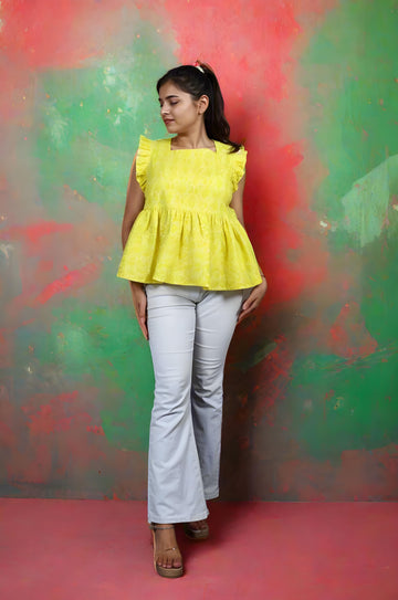 Nesara Yellow Print Ruffled Short Top IBST100