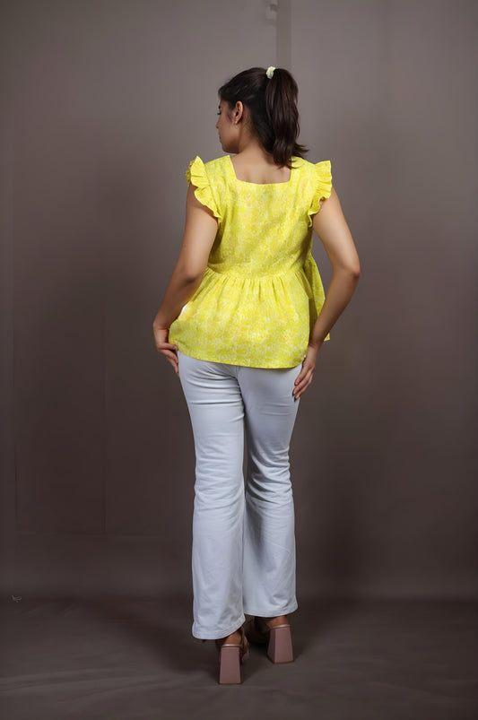 Nesara Yellow Print Ruffled Short Top IBST100
