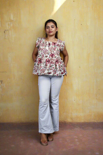 Nesara Purple Print Ruffled Short Top IBST101