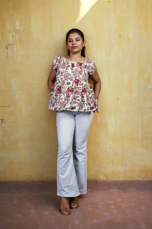 Nesara Purple Print Ruffled Short Top IBST101