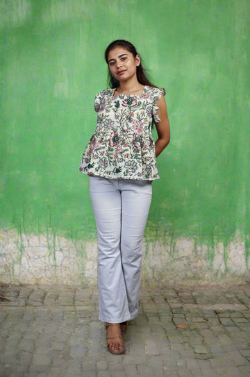 Nesara Green Print Ruffled Short Top IBST102