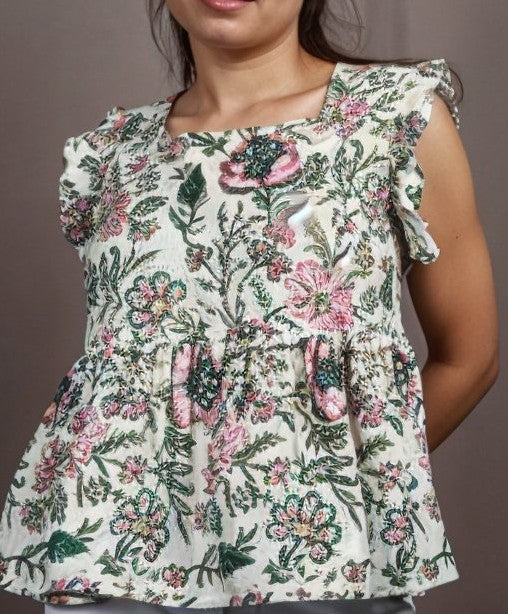 Nesara Green Print Ruffled Short Top IBST102