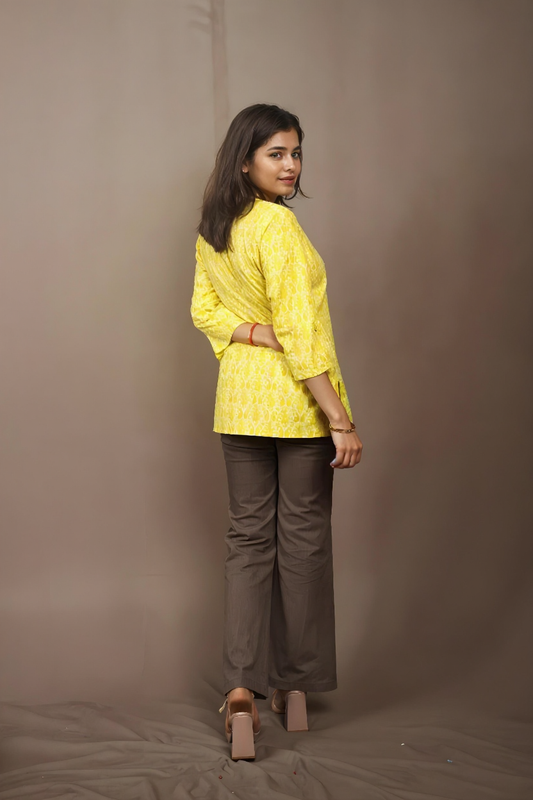 Nesara Yellow Print Short Kurti IBSK053