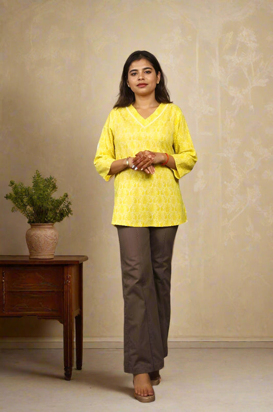 Nesara Yellow Print Short Kurti IBSK053