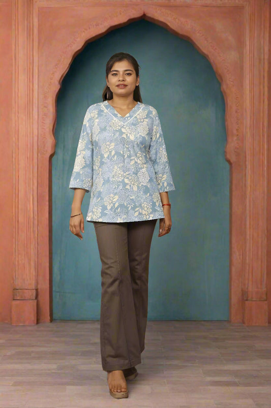 Nesara Sky Blue Print Short Kurti IBSK055