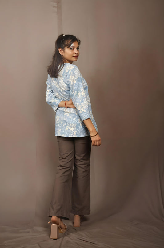 Nesara Sky Blue Print Short Kurti IBSK055